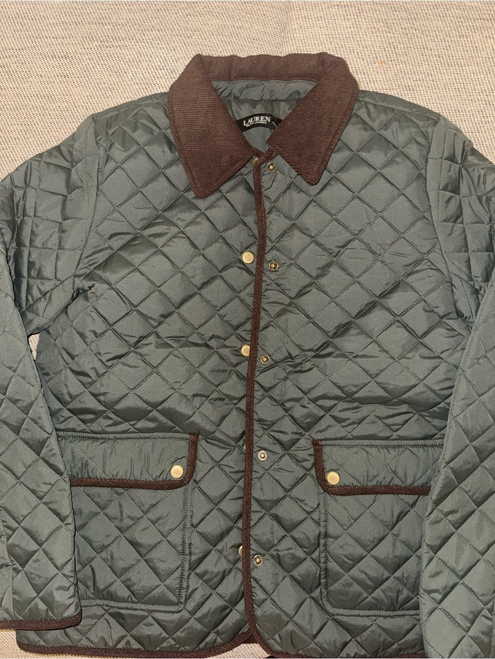 Ralph Lauren Quilted Olive Green Jacket with Brown Trim
